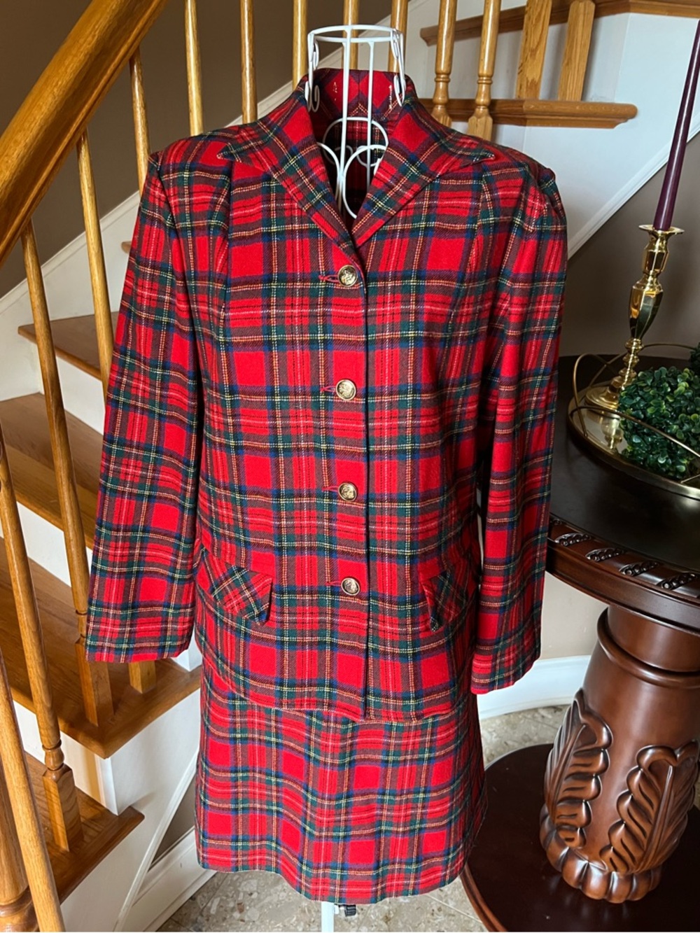 Vintage Pendleton Wool Red Plaid Tartan Blazer Skirt Set Academia Holiday Sz 8